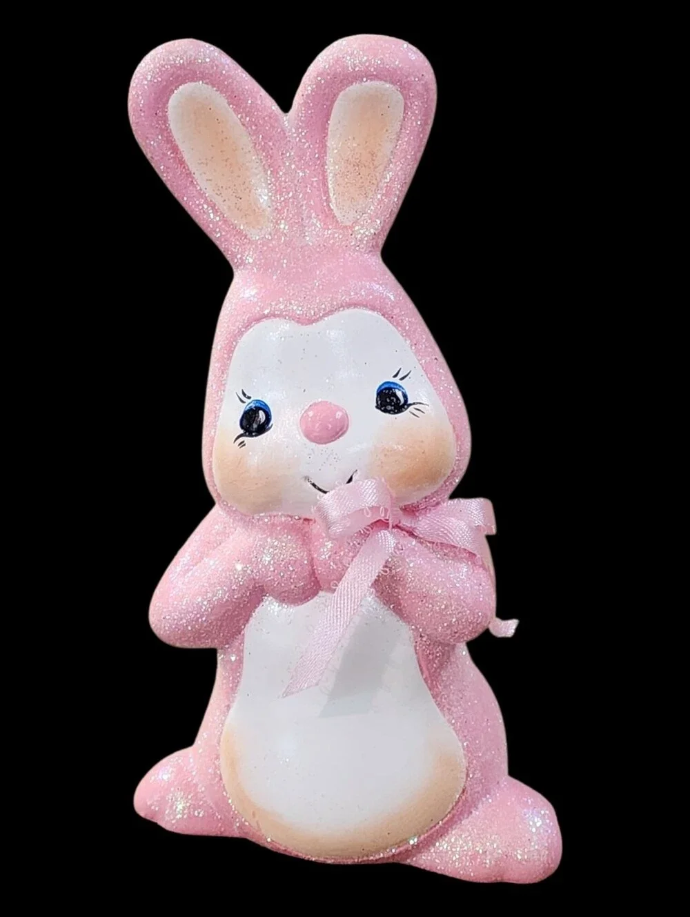 VINTAGE Anthropomorphic Ceramic Bunny Rabbit Pink Glitter Hand Painted Signed